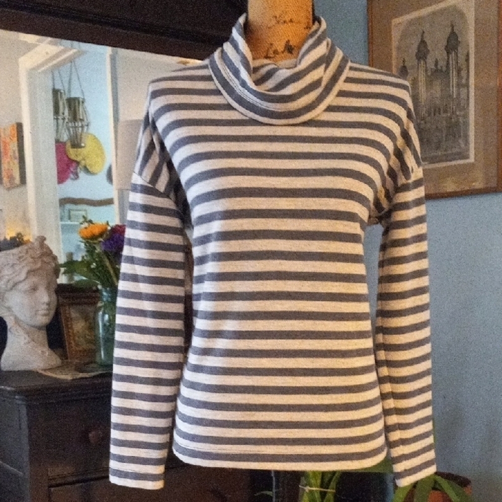 J. Crew Heather Gray and Blue Striped Women's Cowl Neck Sweater